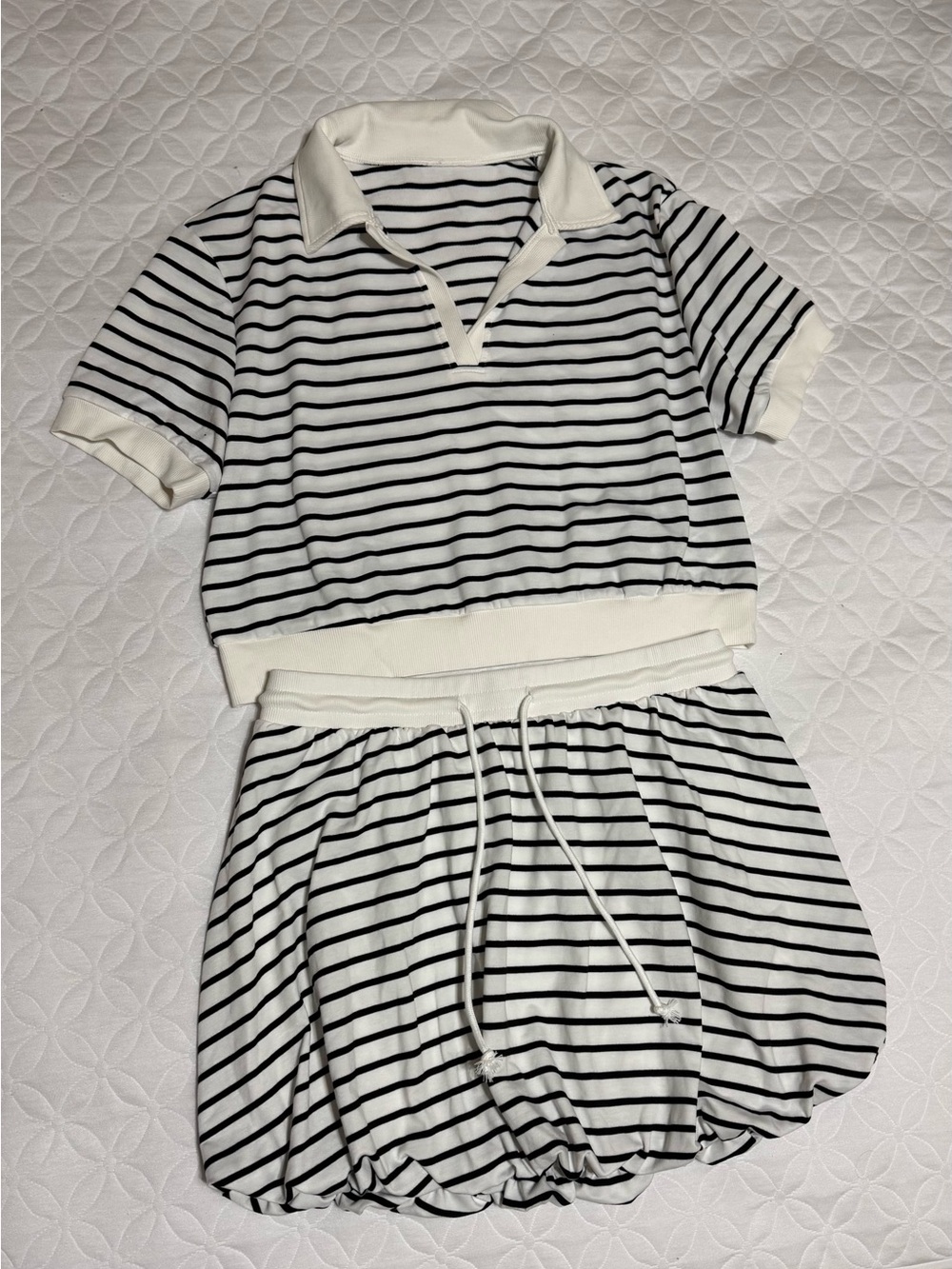 Striped Black & White Women’s Set - Short Sleeve Top & Bubble Skirt